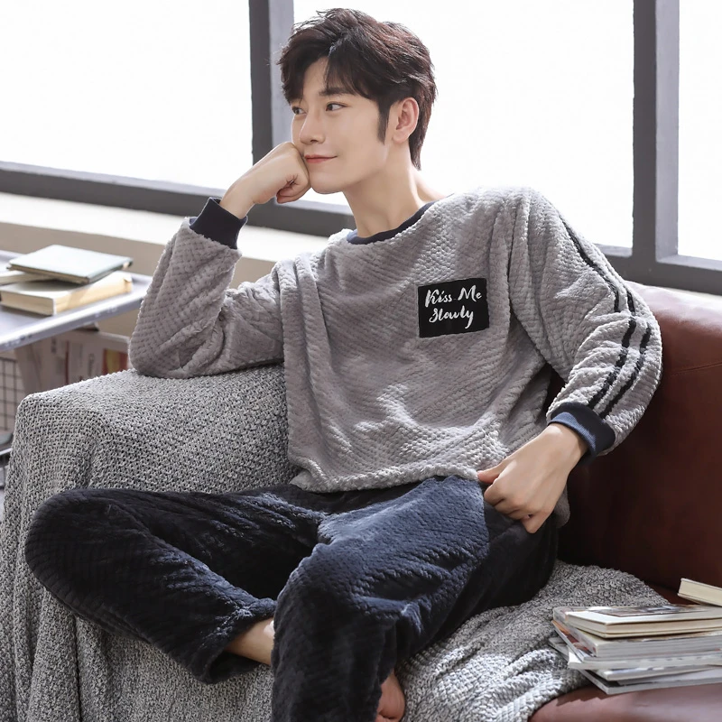睡衣男士秋冬款珊瑚绒加绒加厚套头保暖法兰绒家居服男款冬天套装