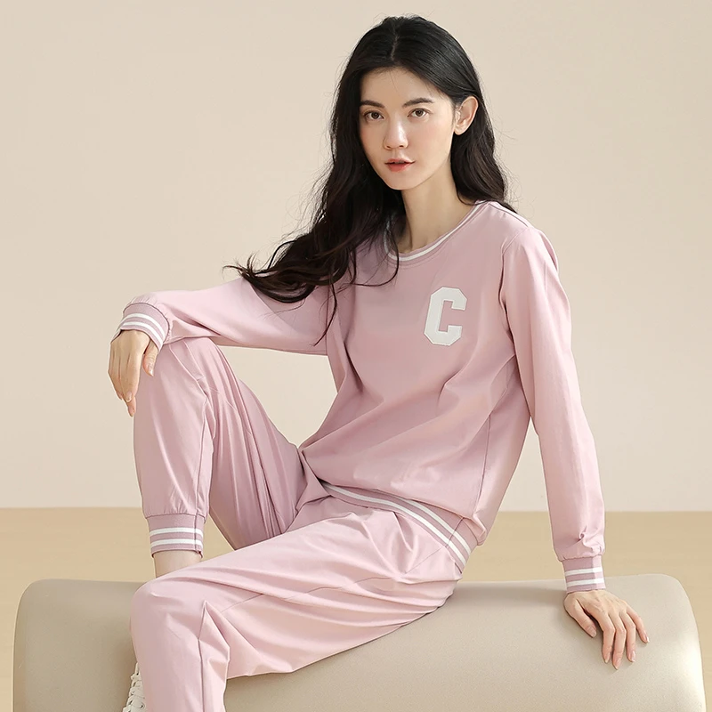 睡衣女纯棉长袖春秋季薄款舒适休闲运动可外穿女士秋冬家居服套装