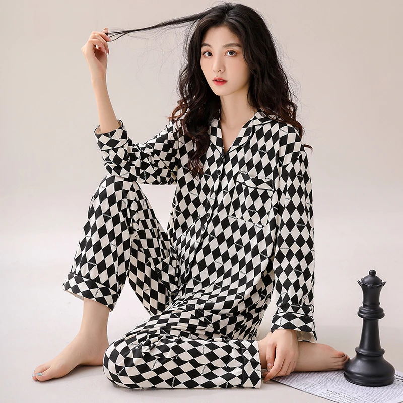 2023年高级感睡衣女春秋薄款长袖纯棉翻领开衫休闲大码家居服套装