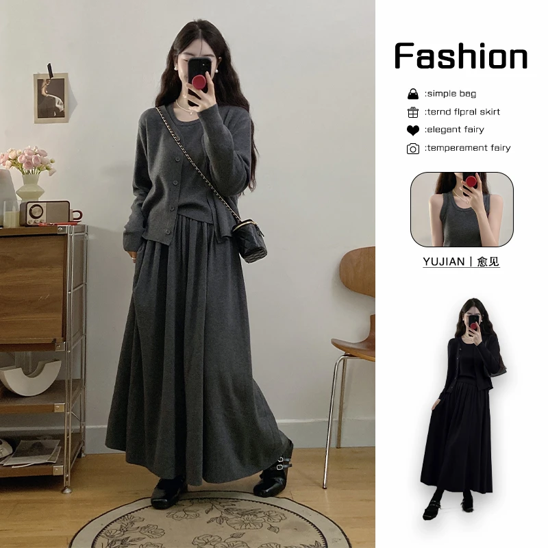 2025新款秋冬季韩系休闲风时尚套装大码显瘦简约纯色赫本风三件套