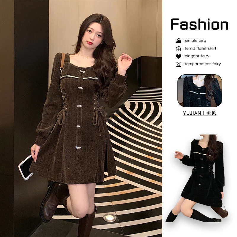 大码胖mm时尚设计感抽绳收腰灯芯绒连衣裙女装秋季显瘦a字短裙子