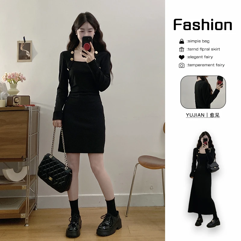 法式赫本风轻奢小众高级感包臀连衣裙女装大码收腰显瘦气质小黑裙