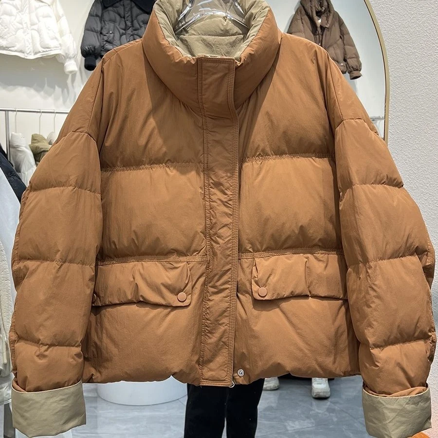 波司豋2023冬季新款韩版立领加厚羽绒服女短款撞色拼接洋气白鸭绒