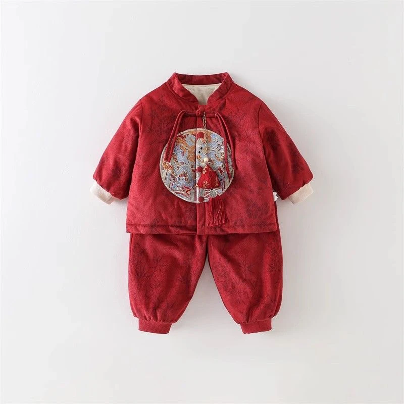 薄棉婴幼儿周岁礼服套装国风新中式百天抓周服宝宝拜年服两件套潮