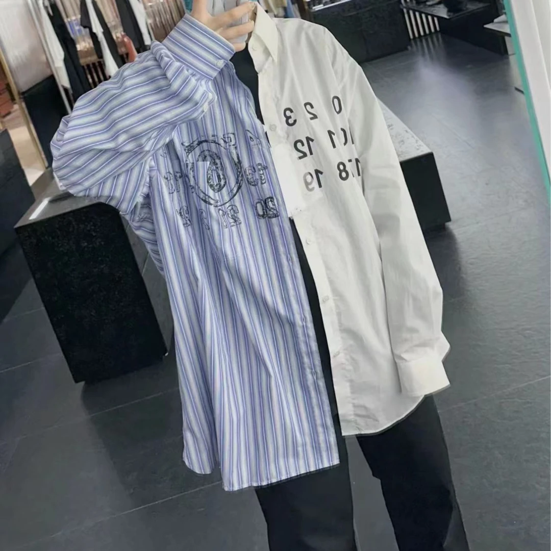 【POISON时尚空间】MM6 Maison Margiela 条纹拼色蓝白色廓形衬衫
