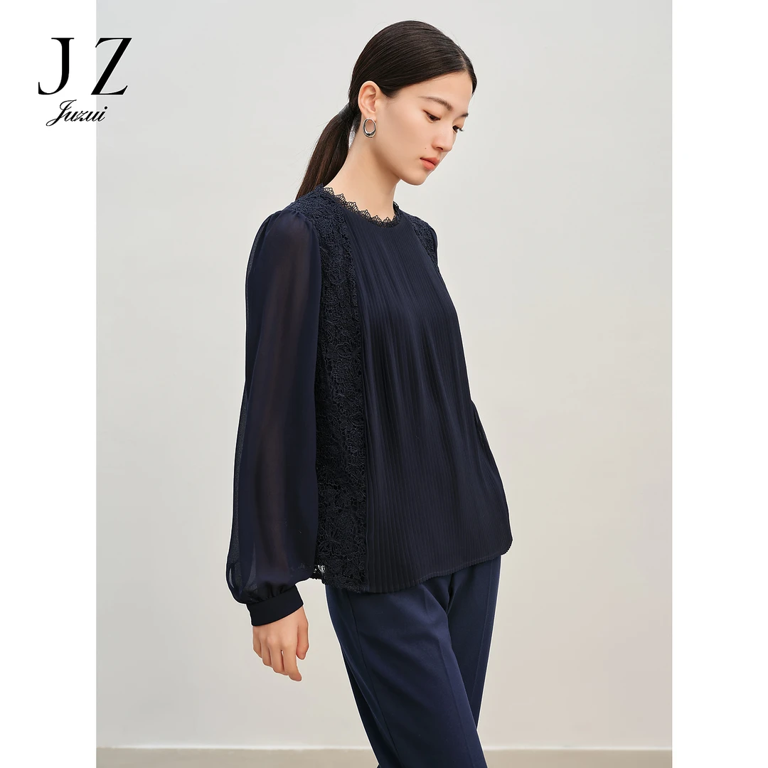 玖姿安娜蔻优雅蕾丝圆领异材质拼接H型长袖上衣女JTEC80117