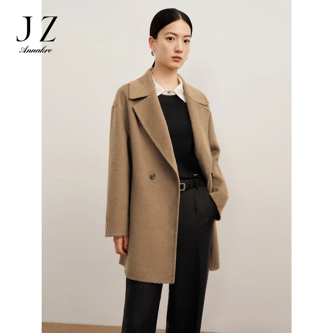 玖姿·安娜蔻双排扣骆驼绒一手长双面呢大衣女冬JTDD72511