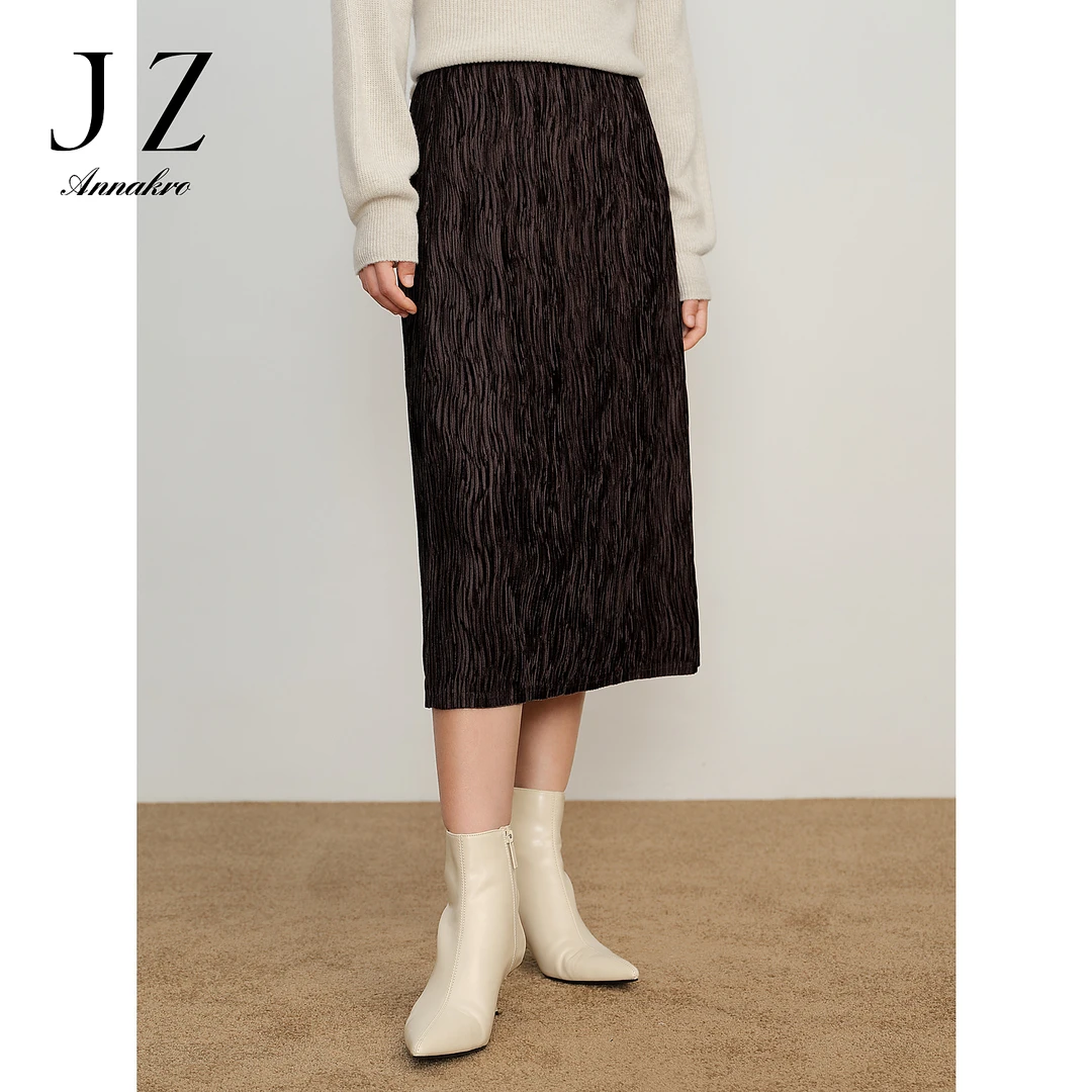 【丝绒压褶裙-乌木色】玖姿安娜蔻通勤松紧半身裙女25冬JTDD20004