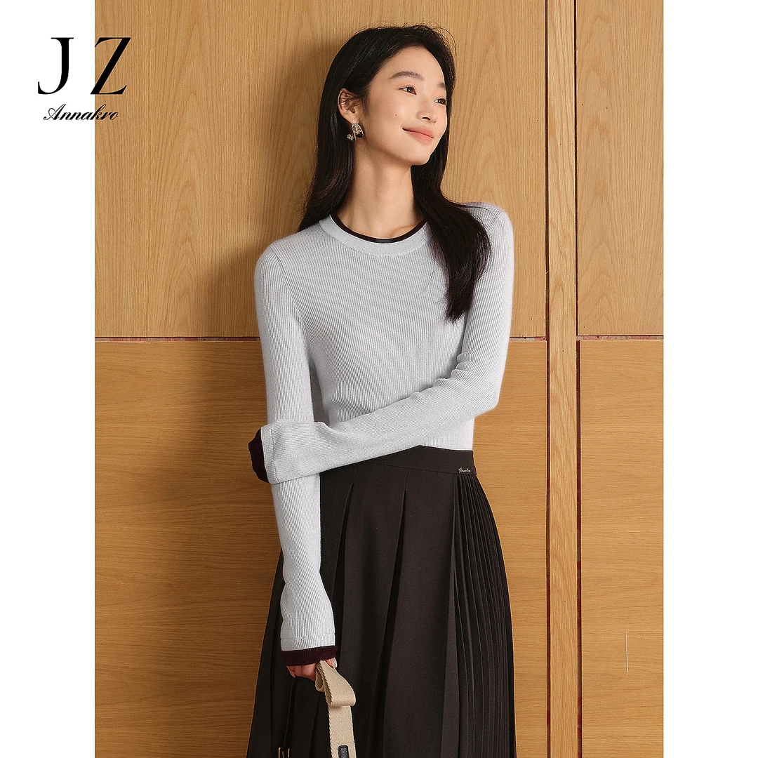 玖姿安娜蔻舒适云朵羊毛撞色多色打底针织衫女24冬JTEQ31009