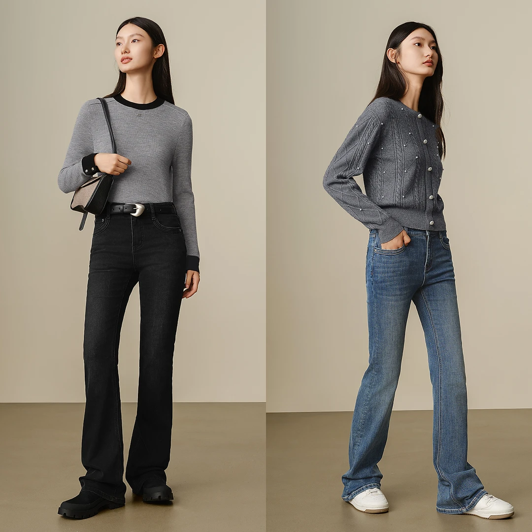 玖姿安娜蔻复古水洗加绒微喇裤牛仔裤女装新款JTED12115