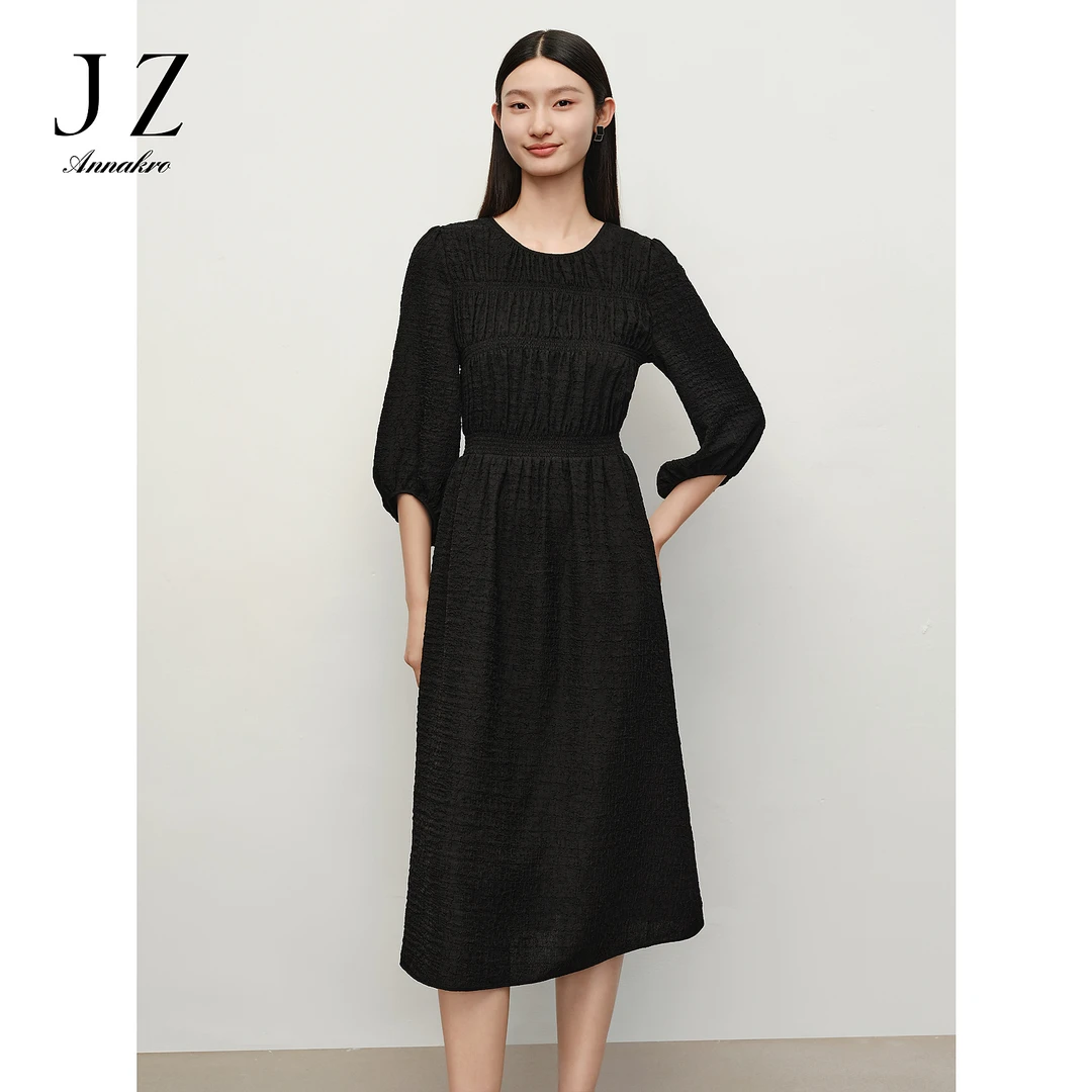玖姿安娜蔻法式复古肌理感中袖连衣裙女装春夏JTEQ50032