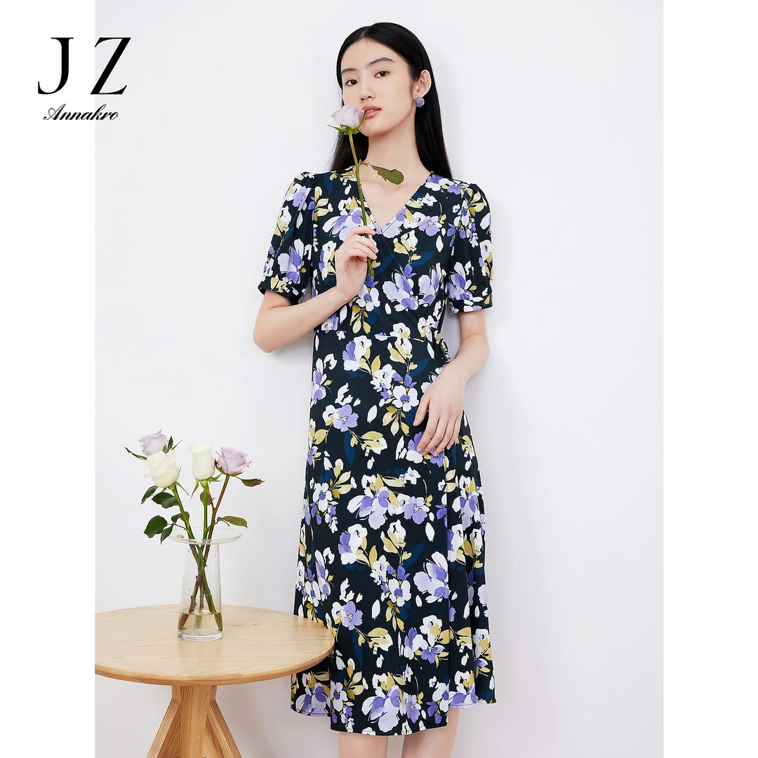 JZ玖姿围裹式连衣裙女装夏季印花弹力法式泡泡袖裙子JTDX50063