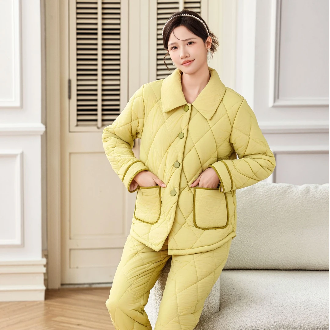 新款轻羽夹棉睡衣保暖时尚女士家居服套装冬天加厚家居服洋气翻领