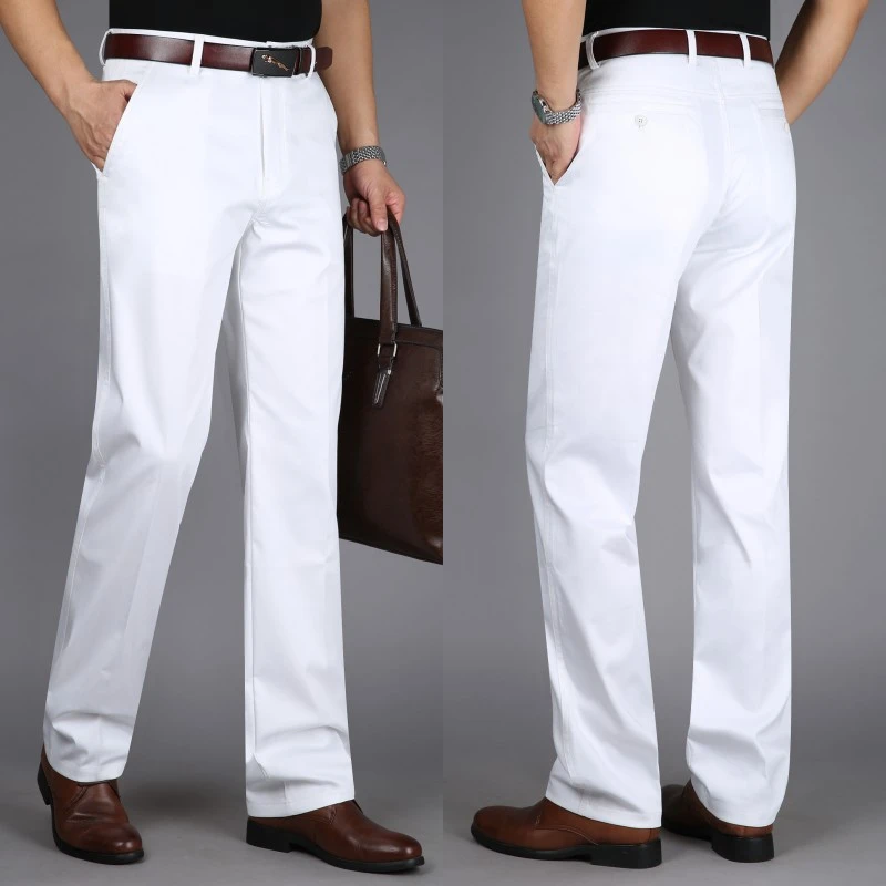 春夏薄款冰丝休闲裤长裤男士纯色商务休闲直筒裤高腰宽松白色男裤