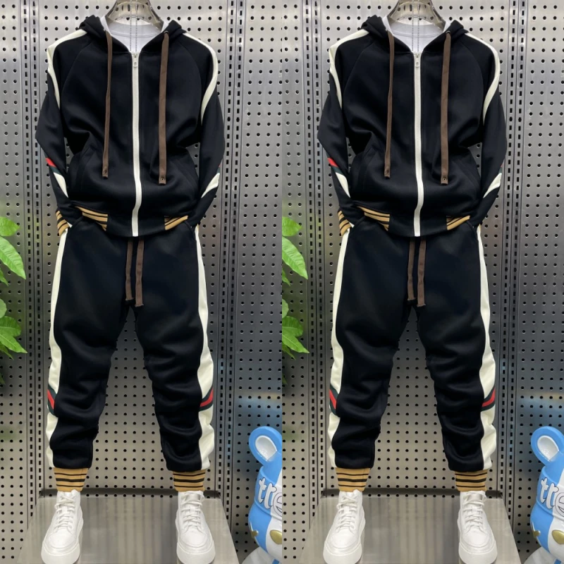 男士新款时尚拼接潮流运动连帽外套裤两件套套装男款爆款2025新款