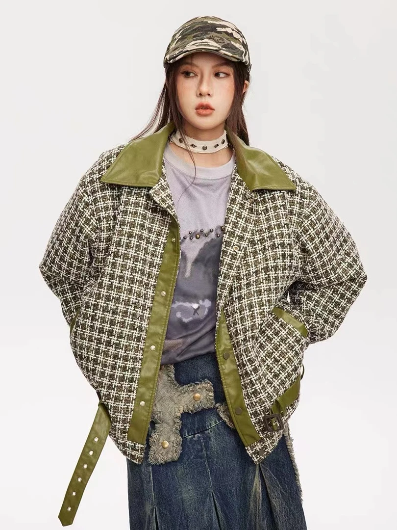 美式高级感小香风格子拼接PU皮翻领棉衣男冬季宽松棉服外套-91