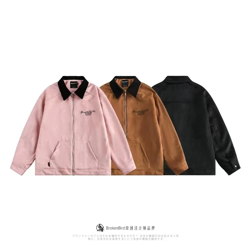 美式粉色刺绣翻领夹克男春秋新款复古宽松潮流情侣百搭外套-22