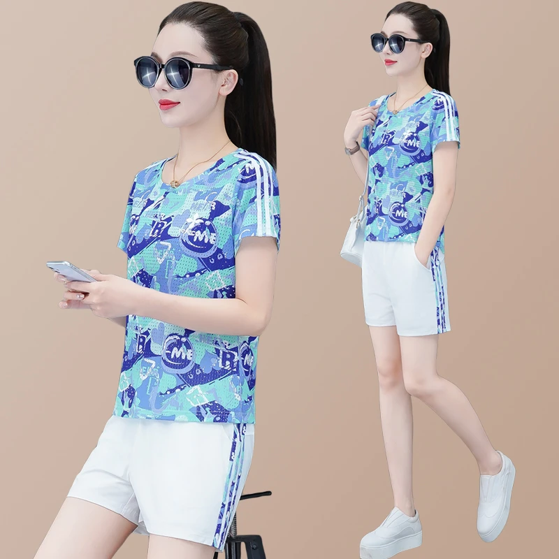 休闲运动套装女夏装新款时尚冰丝轻薄款短袖透气短裤跑步服两件套