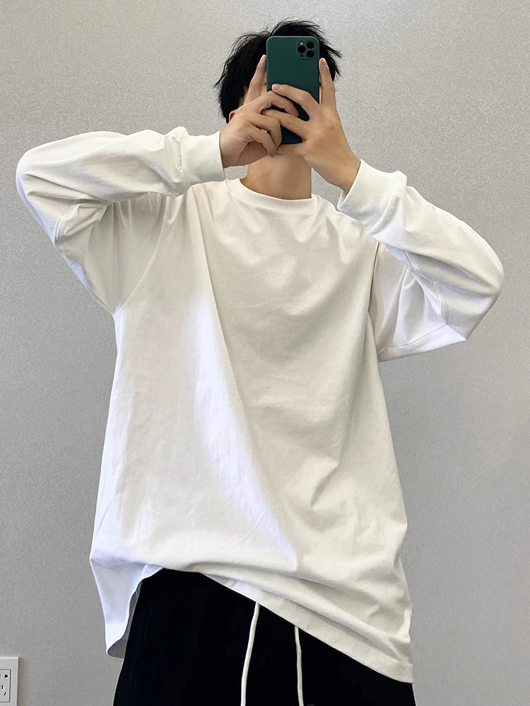 大码300斤美式纯色打底衫女春秋冬季新款潮牌男士纯棉圆领T恤长袖