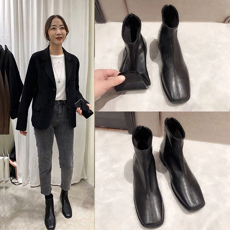 粗跟短靴女英伦风百搭2023新款秋冬韩版网红瘦瘦靴软皮低跟马丁靴