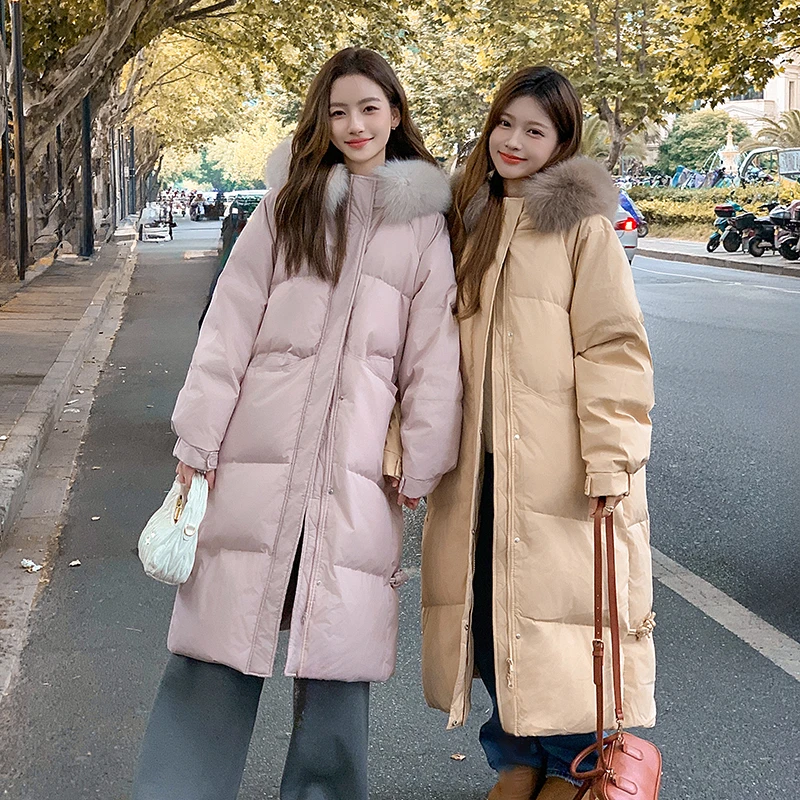 新款大毛领韩版宽松冬季加厚中长款过膝连帽棉服大被子款过冬外套