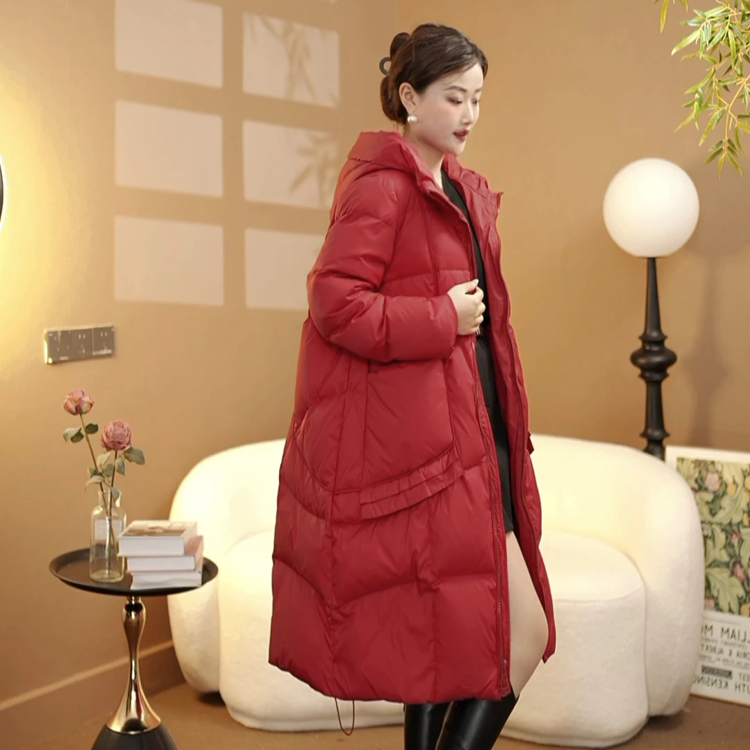 蒂飞诗时尚百搭宽松韩版A字中长款羽 绒服连帽女过膝大码女士