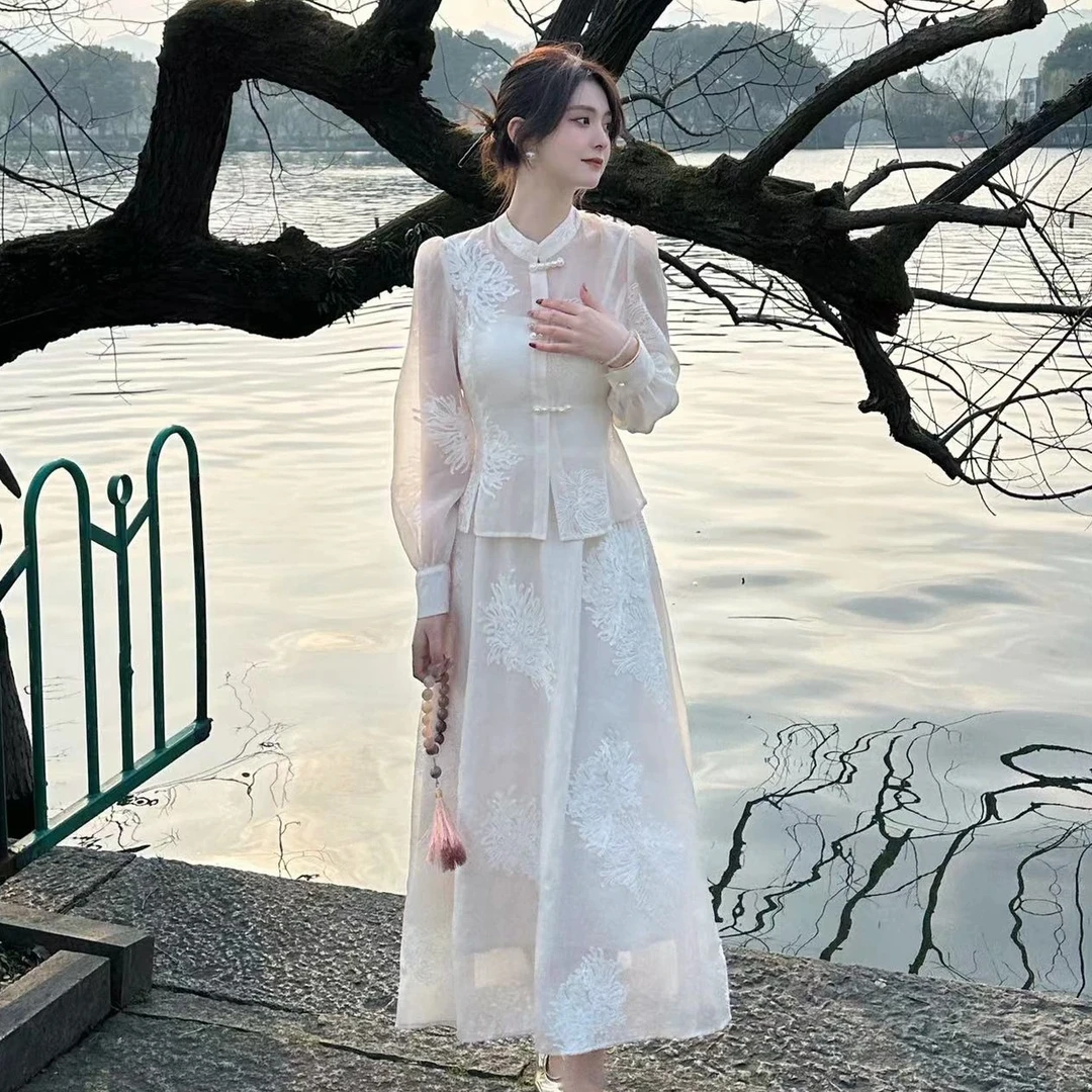 【2件套】新中式秋季长袖短上衣开衫百搭国风盘扣+直筒半身裙