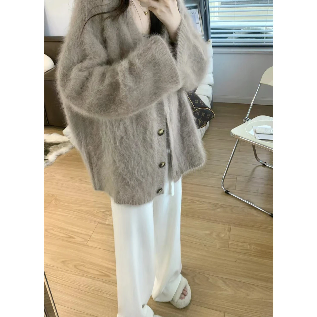 复古v领水貂绒毛衣外套女秋冬季加厚外穿宽松温柔慵懒风针织开衫