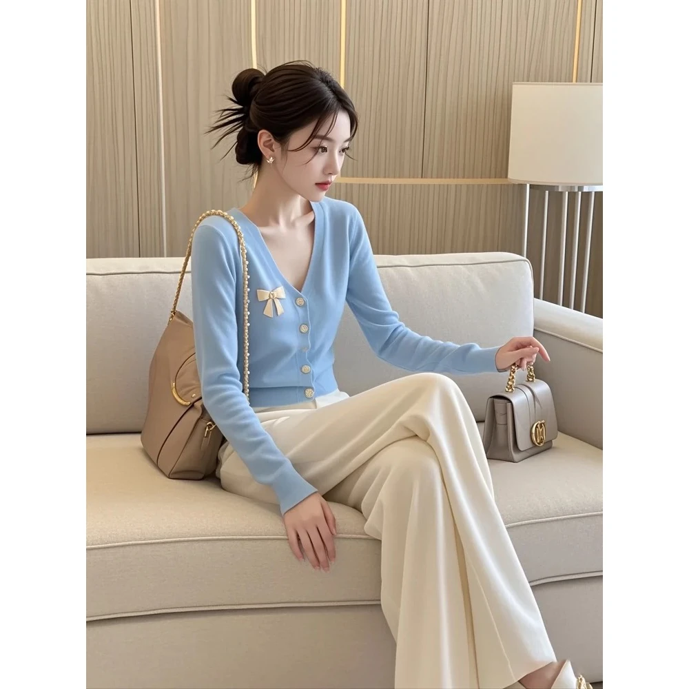 入秋穿搭一整套漂亮女装时髦洋气小香风蓝色针织衫阔腿裤两件套装