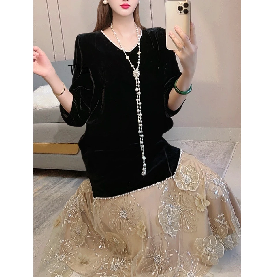 法式气质连衣裙女秋季时髦洋气中长款拼接长裙重工轻奢小黑裙秋季