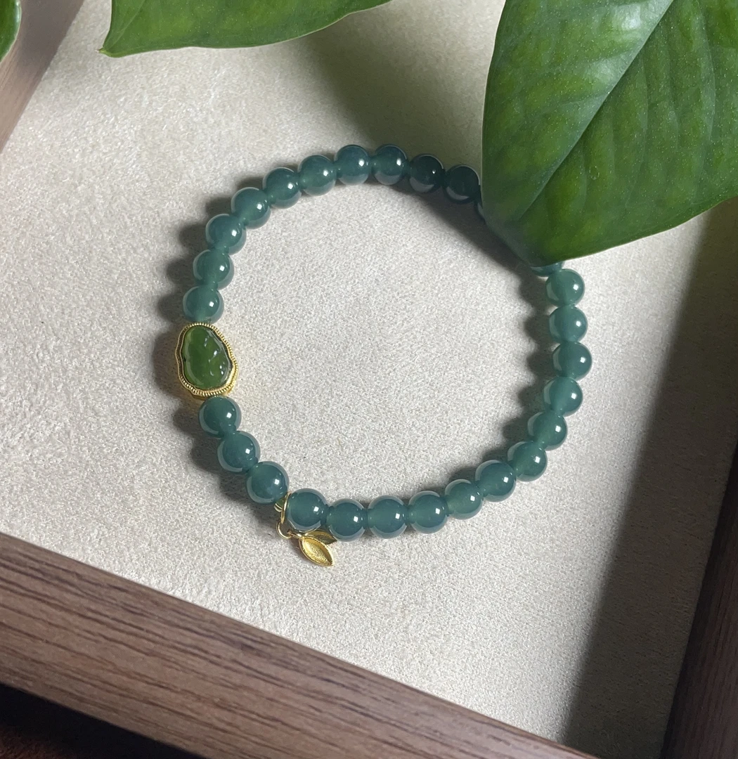 0193蓝水翡翠深蓝翡单圈925银镶嵌和田树叶手链