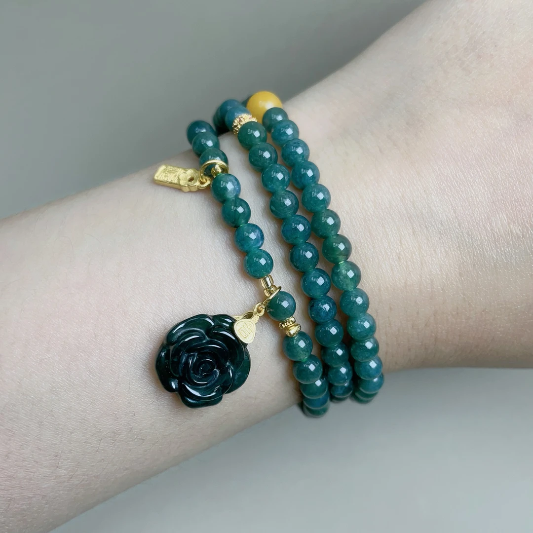 0492蓝水翡翠高冰多圈925银搭配翡翠玫瑰花手链