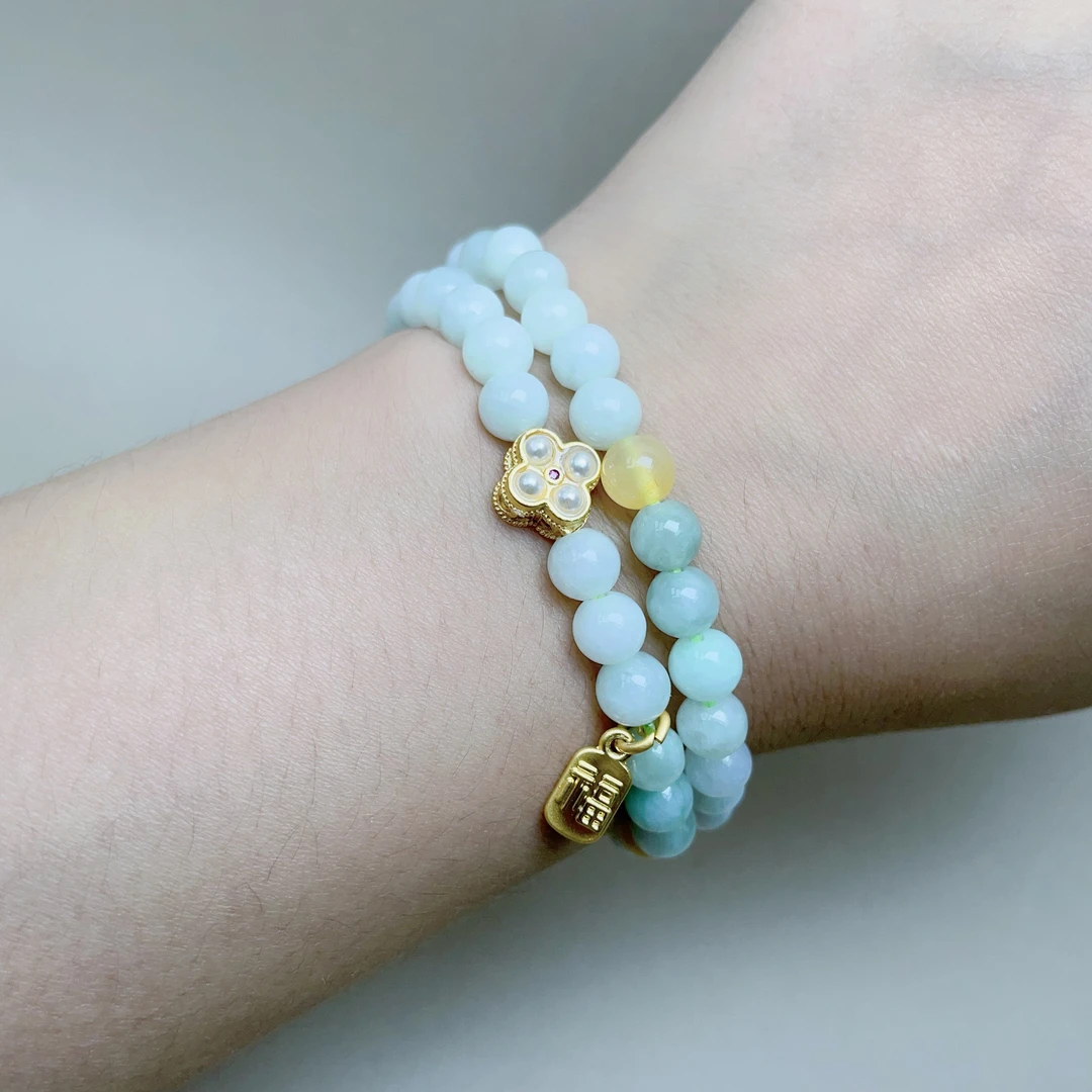 0524翡翠多圈淡蓝四叶花手链