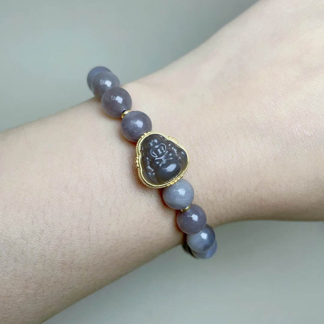 0415和田玉浓烟紫单圈925银镶嵌烟紫佛公手链