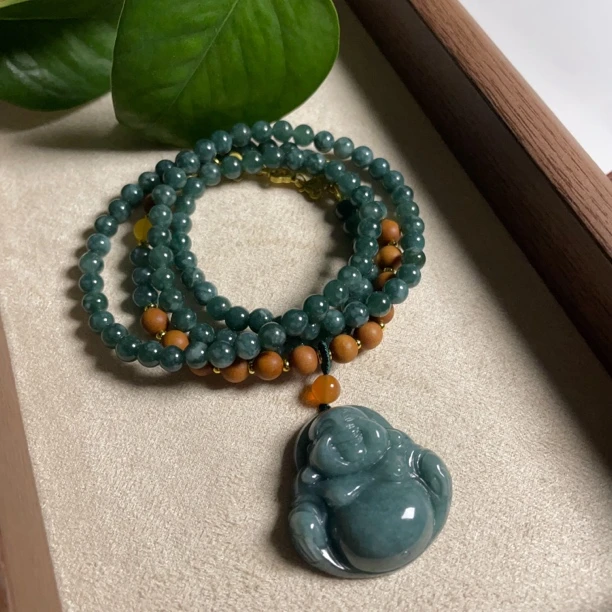 0031蓝水翡翠多圈佛公手链平安喜乐