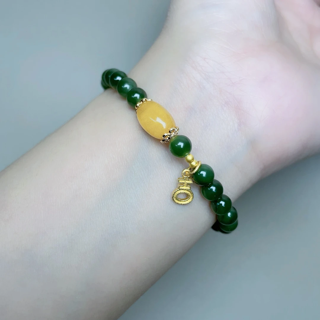 0034和田碧玉单圈吉利牌蜜蜡枣珠手链 微差多样性发货