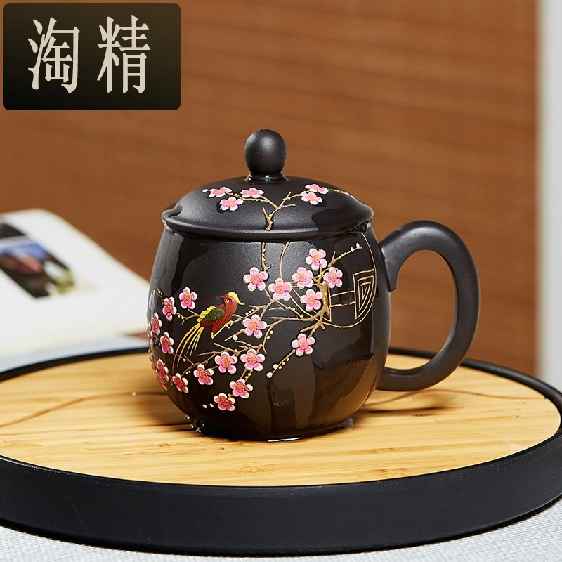淘精紫砂杯堆绘花鸟变色梅花盖杯个人专用石黄泡茶杯功夫茶具家用