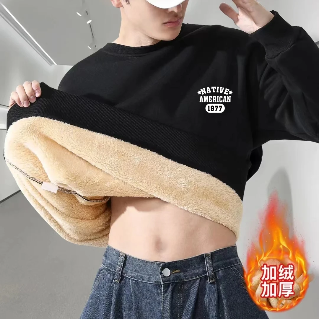 特厚羊羔绒卫衣冬季加绒卫衣男圆领无帽套头保暖卫衣男士超厚