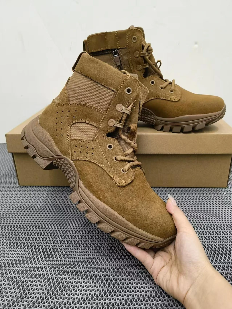 棕色中邦战靴牛皮反绒皮耐磨凯夫拉防刺穿内底减震侧拉链方便穿脱