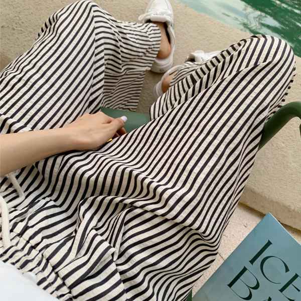 美式复古竖条纹裤子女夏季2023新款小个子宽松显瘦休闲直筒阔腿裤