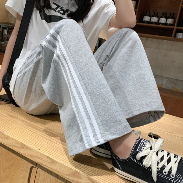 灰色运动裤女夏季薄款2023年新款高腰垂感直筒纯棉窄版休闲阔腿裤