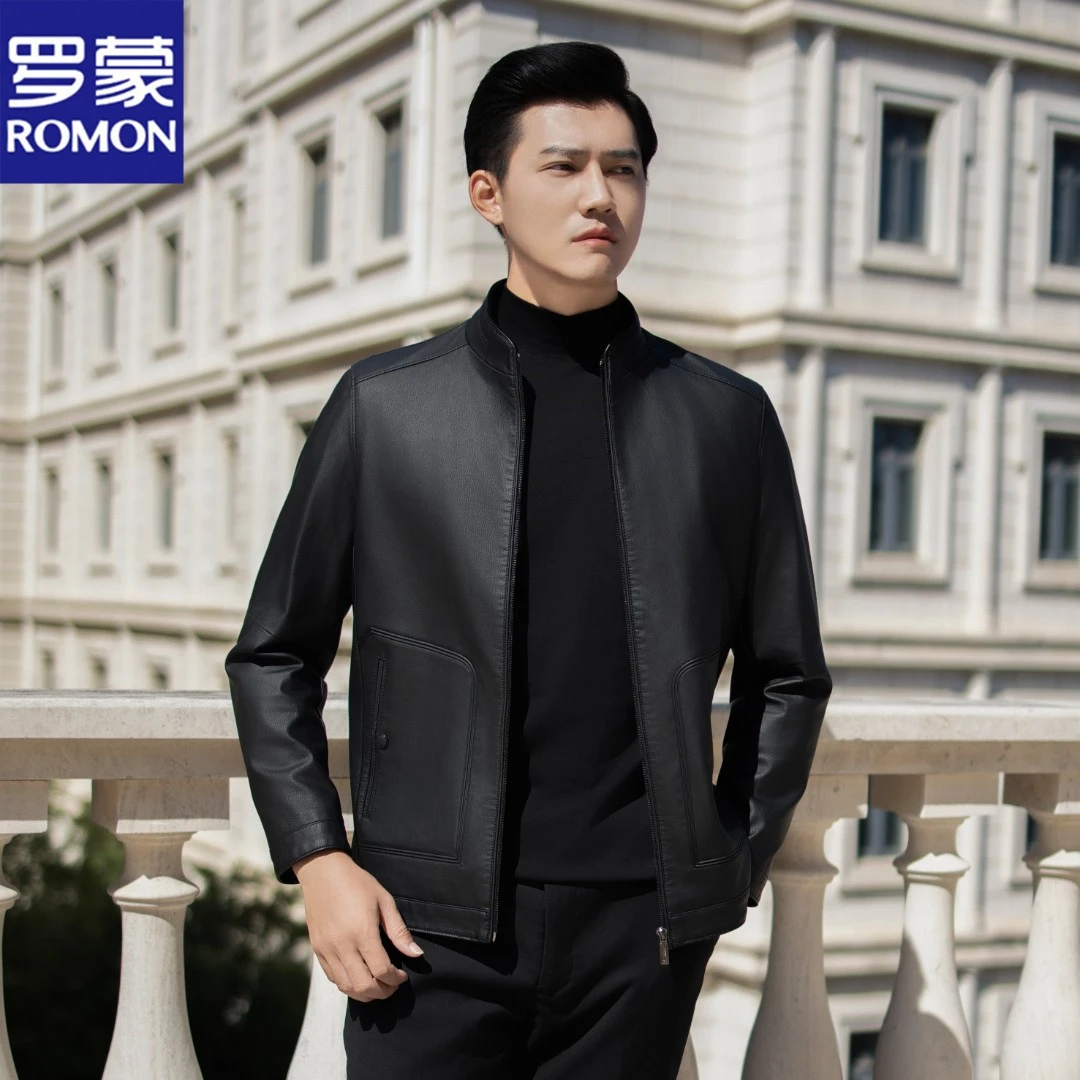 Romon/罗蒙2024新款秋冬立领男士加绒皮夹克休闲百搭修身时尚皮衣