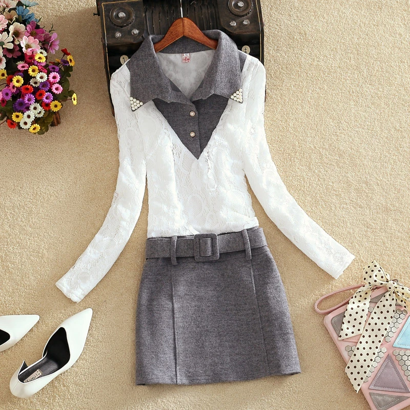 新款春秋冬减龄领假两件加绒蕾丝连衣裙显瘦大码拼接毛呢包臀裙潮