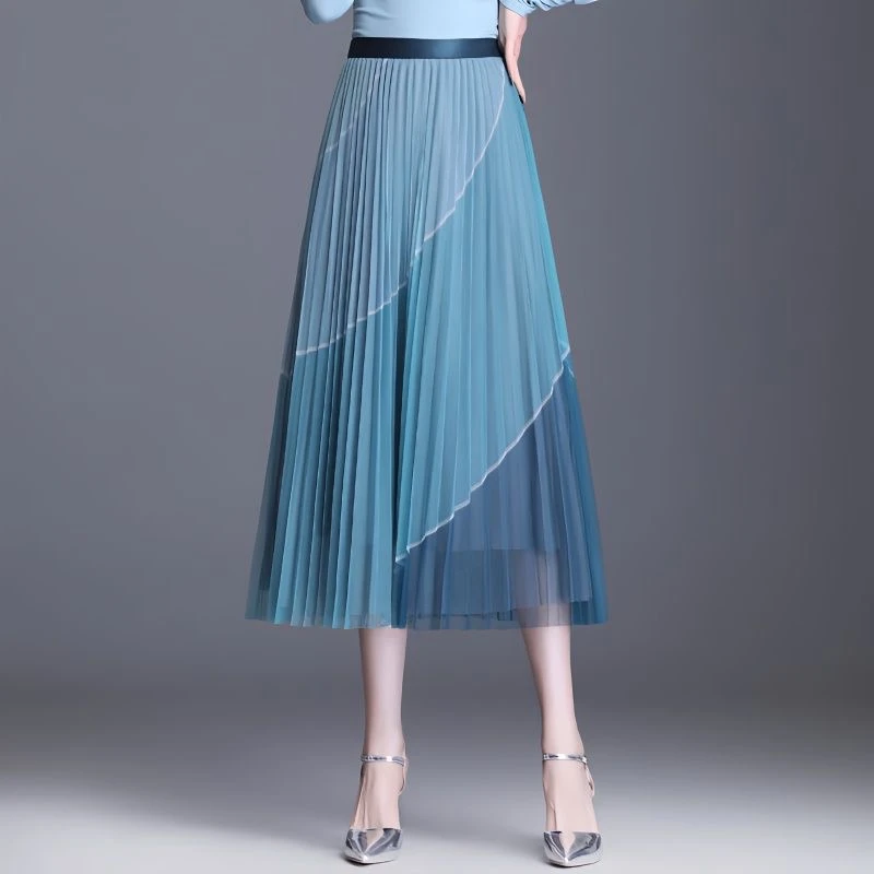撞色百褶裙网纱半身裙女2023年秋新款高腰显瘦中长款A字大摆纱裙