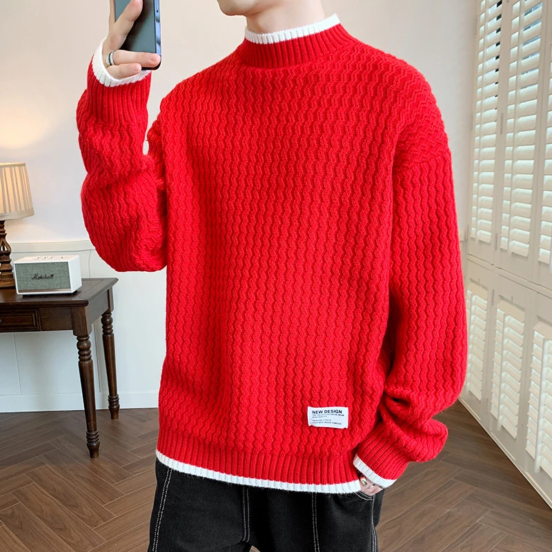 红色毛衣男士圆领毛线衣潮流麻花针织衫本命年简约休闲保暖打底衫