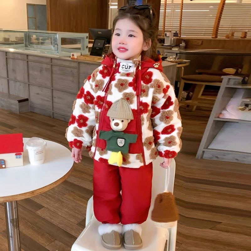 女童棉服红色冬季儿童夹棉外套毛毛衣宝宝摇粒绒棉袄女孩新年衣服