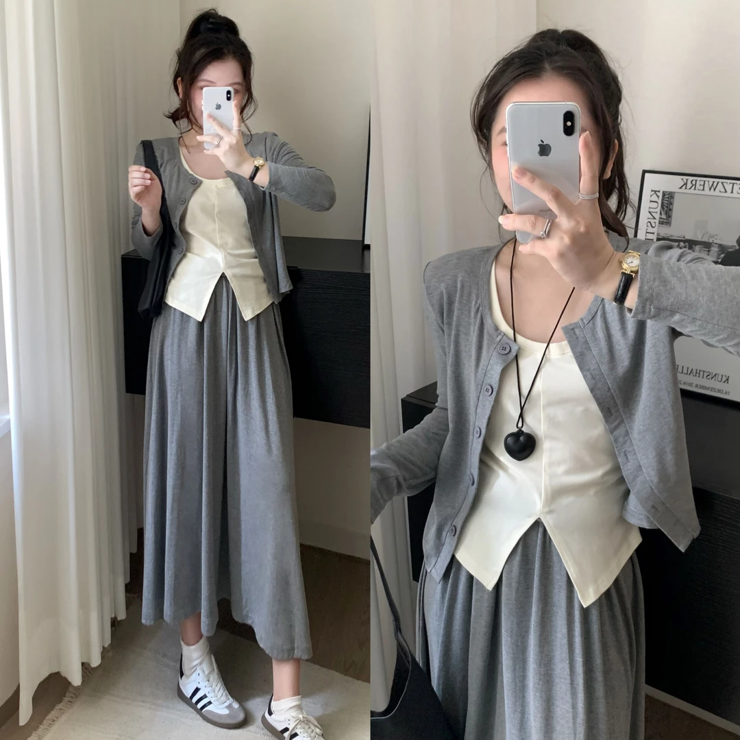 栗子小个子韩系气质高级感秋季穿搭一整套慵懒修身半身裙三件套女