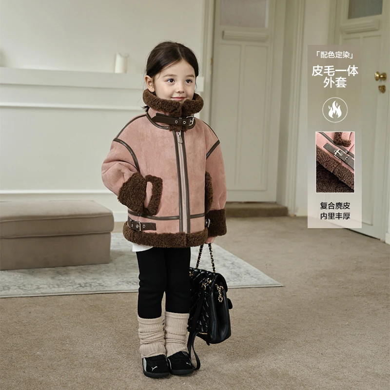SKH2469女童时髦机车服外套冬装新款皮毛一体美拉德加厚大衣潮