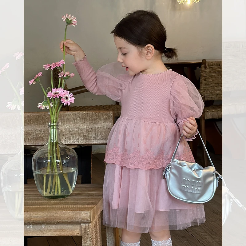 SKF2410女童韩版高级感连衣裙纱裙秋装新款儿童泡泡袖针织公主裙