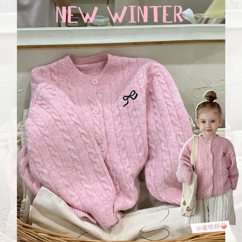 SKG2452女童韩版洋气绞花针织开衫2024秋装新款刺绣蝴蝶结毛衣潮